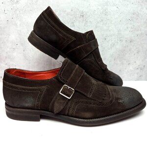 Andrea Ventura Firenze Shoes Brown Distressed Suede Monk Strap Kiltie Size 41
